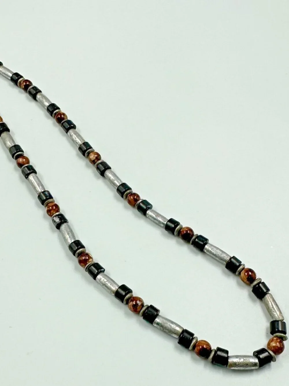 3/$30 Mens Necklace Silver Tone Tube Beads Black Brown Rustic Beaded 16 Inch